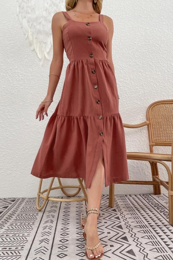 casual non-stretch cotton linen button slit shirring midi dress