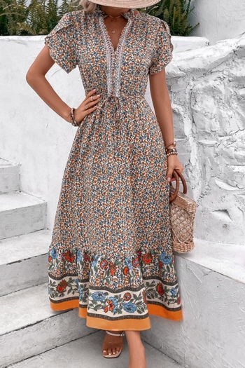 casual non-stretch lace decor flower batch printing maxi dress