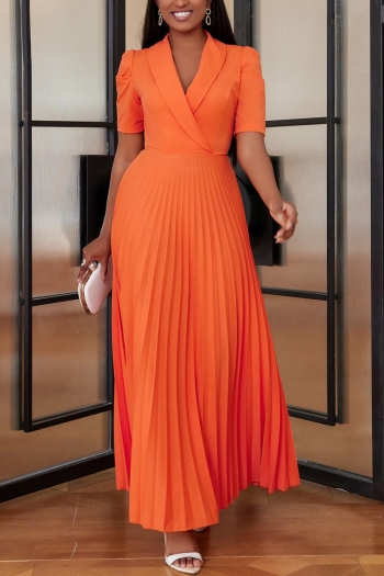 casual plus size non-stretch solid color suit collar pleated maxi dress