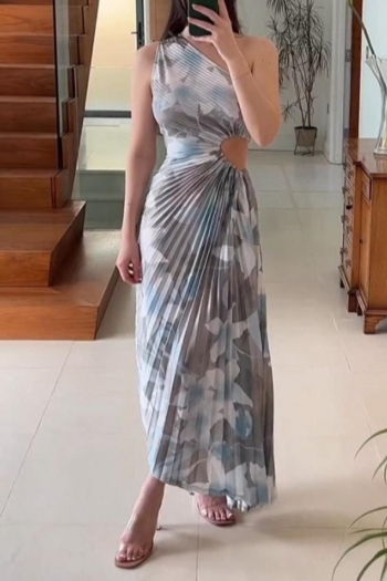 sexy plus size non-stretch pleated hollow batch printing irregular maxi dress#1