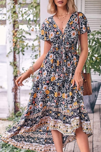 casual non-stretch bohemia beach lace-up flower front short back long maxi dress