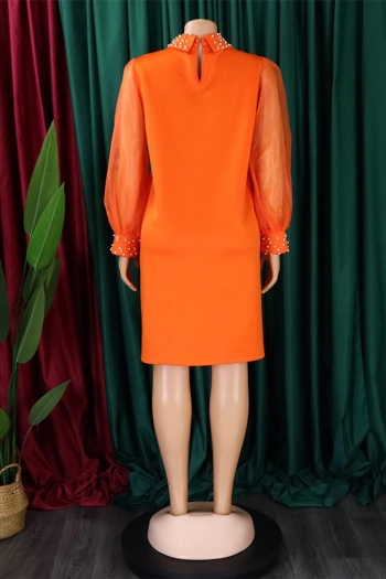 Stylish plus size slight stretch mesh spliced orange rhinestone pearl midi dress