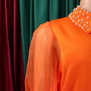 Stylish plus size slight stretch mesh spliced orange rhinestone pearl midi dress