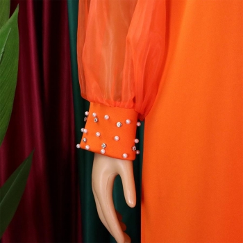 Stylish plus size slight stretch mesh spliced orange rhinestone pearl midi dress