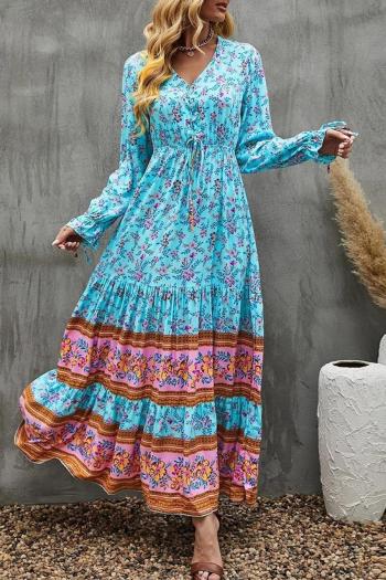 casusl plus-size non-stretch beach bohemia flower lace-up loose maxi dress