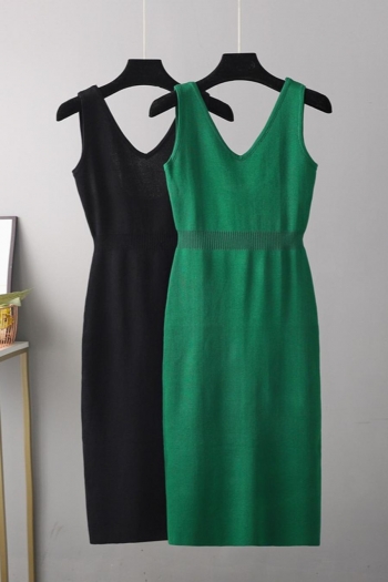 stylish slight stretch knitted two colors v-neck backless split midi dress
