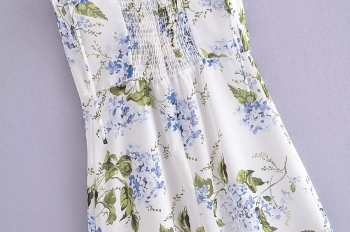 Sexy slight stretch sling shirring high slit print midi dress size run small
