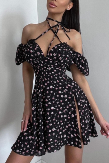 sexy slight stretch floral printing halter-neck lace-up split mini dress