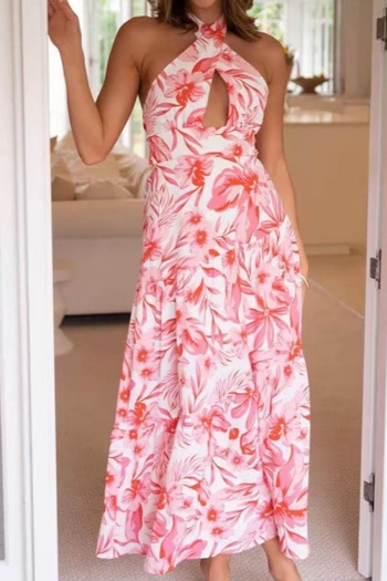 sexy non-stretch halter neck batch printing hollow backless maxi dress