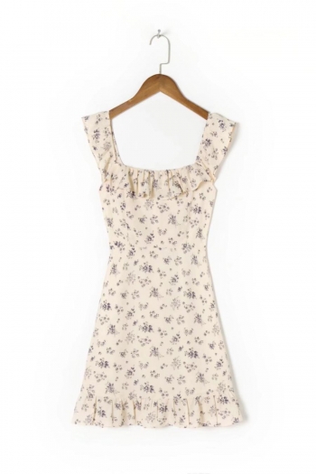 casual slight stretch floral batch printing ruffles zip-up shirring mini dress