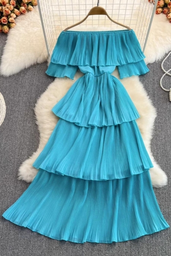 stylish solid color non-stretch ruffle off-the-shoulder beach midi dress