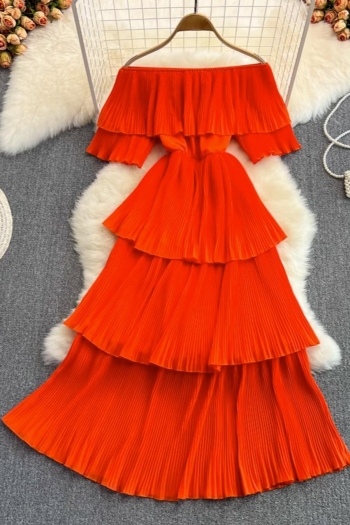 stylish solid color non-stretch ruffle off-the-shoulder beach midi dress #1