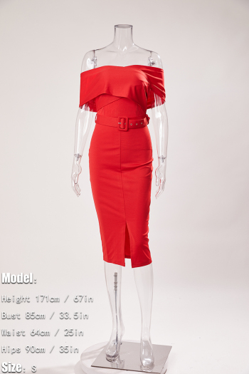 Sexy slight stretch off shoulder solid color with belt slit midi dress