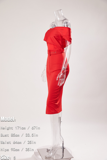 Sexy slight stretch off shoulder solid color with belt slit midi dress