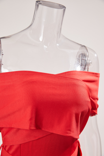 Sexy slight stretch off shoulder solid color with belt slit midi dress