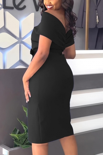 Sexy slight stretch off shoulder solid color with belt slit midi dress