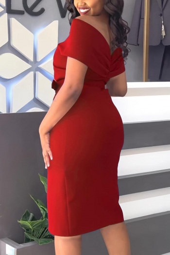 Sexy slight stretch off shoulder solid color with belt slit midi dress