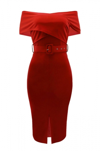 Sexy slight stretch off shoulder solid color with belt slit midi dress