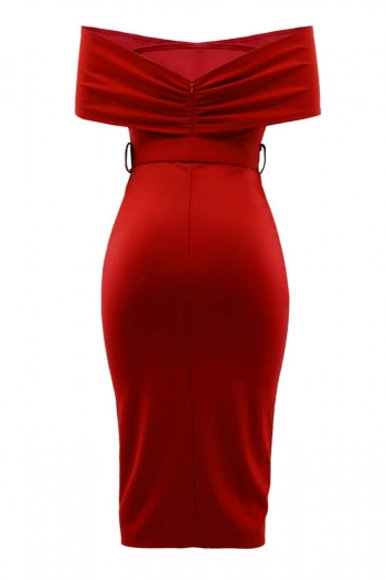 Sexy slight stretch off shoulder solid color with belt slit midi dress
