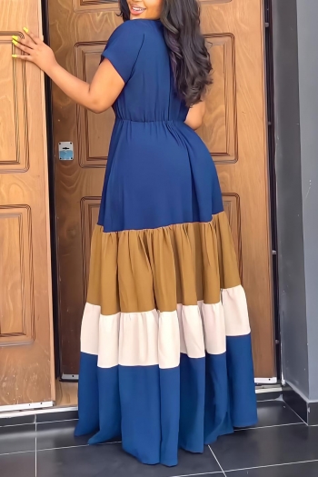 Casual non-stretch v-neck contrast color waist maxi a-line dress