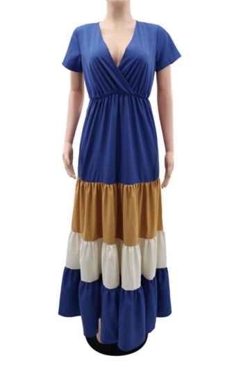 Casual non-stretch v-neck contrast color waist maxi a-line dress