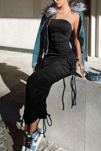 Sexy slight stretch solid color strapless drawstring pocket midi dress