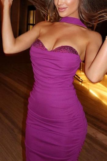 Sexy slight stretch slit shirring rhinestone padded midi dress
