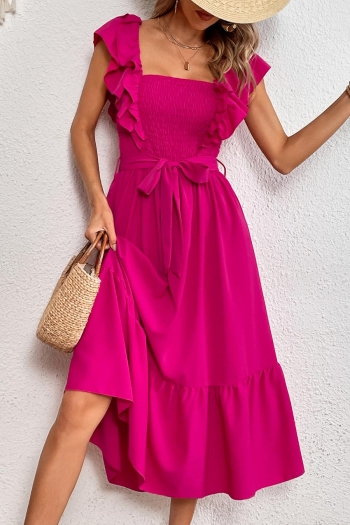 Sexy non-stretch solid color square neck ruffle with belt midi dress