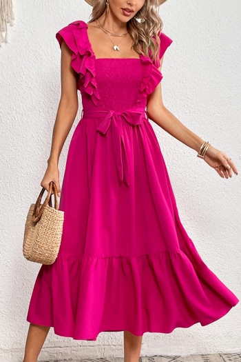 Sexy non-stretch solid color square neck ruffle with belt midi dress