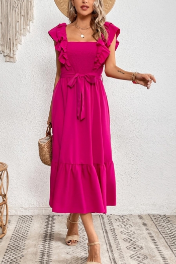 Sexy non-stretch solid color square neck ruffle with belt midi dress
