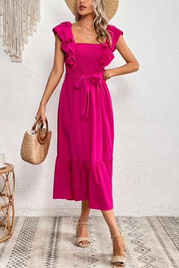 Sexy non-stretch solid color square neck ruffle with belt midi dress