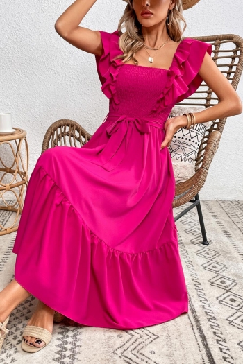 Sexy non-stretch solid color square neck ruffle with belt midi dress