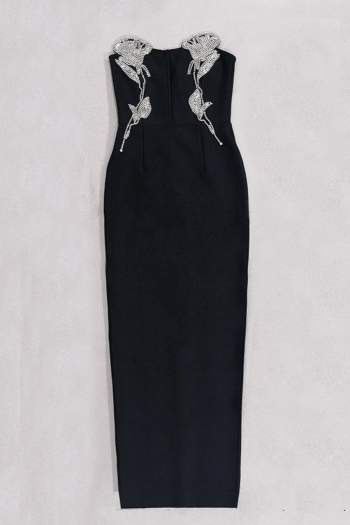 Sexy high stretch slit zip-up flower rhinestone with boned maxi dress
