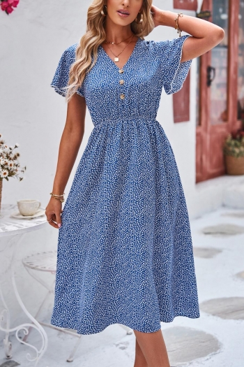 Casual slight stretch dot batch printing v-neck button midi dress