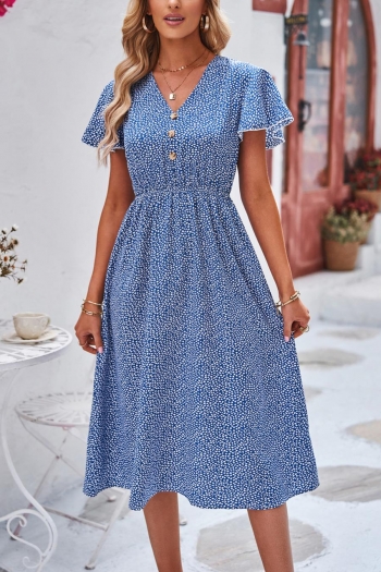 Casual slight stretch dot batch printing v-neck button midi dress