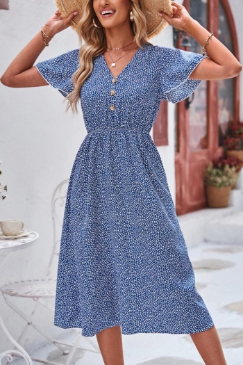 Casual slight stretch dot batch printing v-neck button midi dress