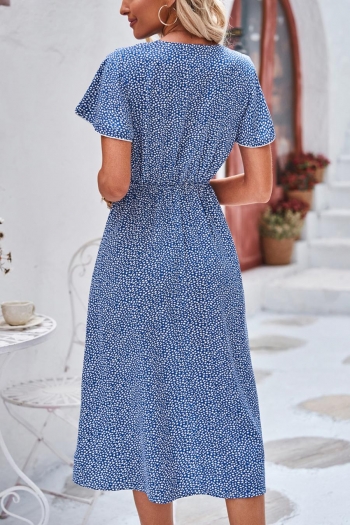 Casual slight stretch dot batch printing v-neck button midi dress