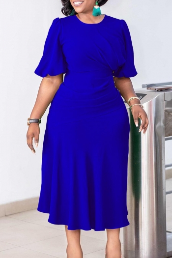 casual plus size slight stretch solid color crew neck zip-up midi dress