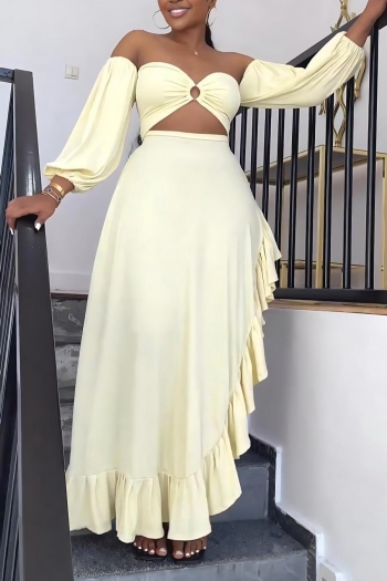 sexy slight stretch solid color asymmetric ruffles hollow backless maxi dress