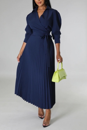 casual non-stretch 4 colors solid color belt pleated midi dress