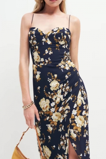 stylish slight stretch shirring zip-up lining floral print midi dress size run small