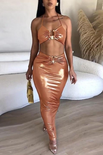 sexy slight stretch holographic sling metal decor hollow slim maxi dress