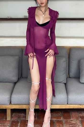 sexy slight stretch solid color see-through mesh slit maxi dress