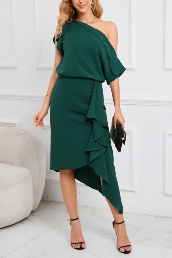 elegant plus size slight stretch oblique shoulder ruffle top & skirt set