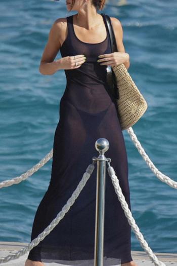 sexy slight stretch solid color mesh see-through sleeveless maxi dress