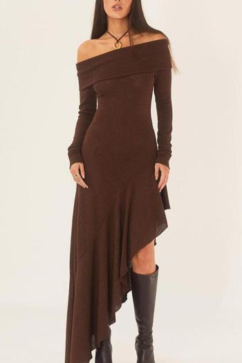 stylish slight stretch solid off-shoulder asymmetrical long sleeve maxi dress