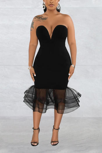 sexy plus-size stretch stitching mesh tight midi dress
