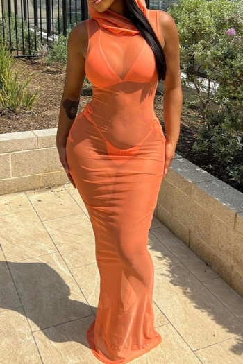 sexy slight stretch mesh hooded solid color sleeveless maxi dress