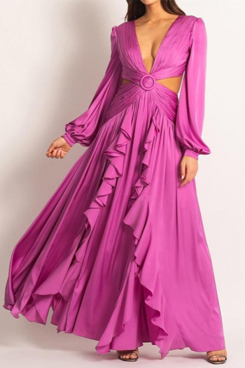sexy non-stretch solid color deep v hollow zip-up pleated maxi dress