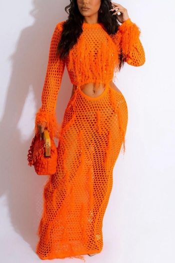 sexy plus size slight stretch cut out knitted orange tassel maxi dress(no panty)